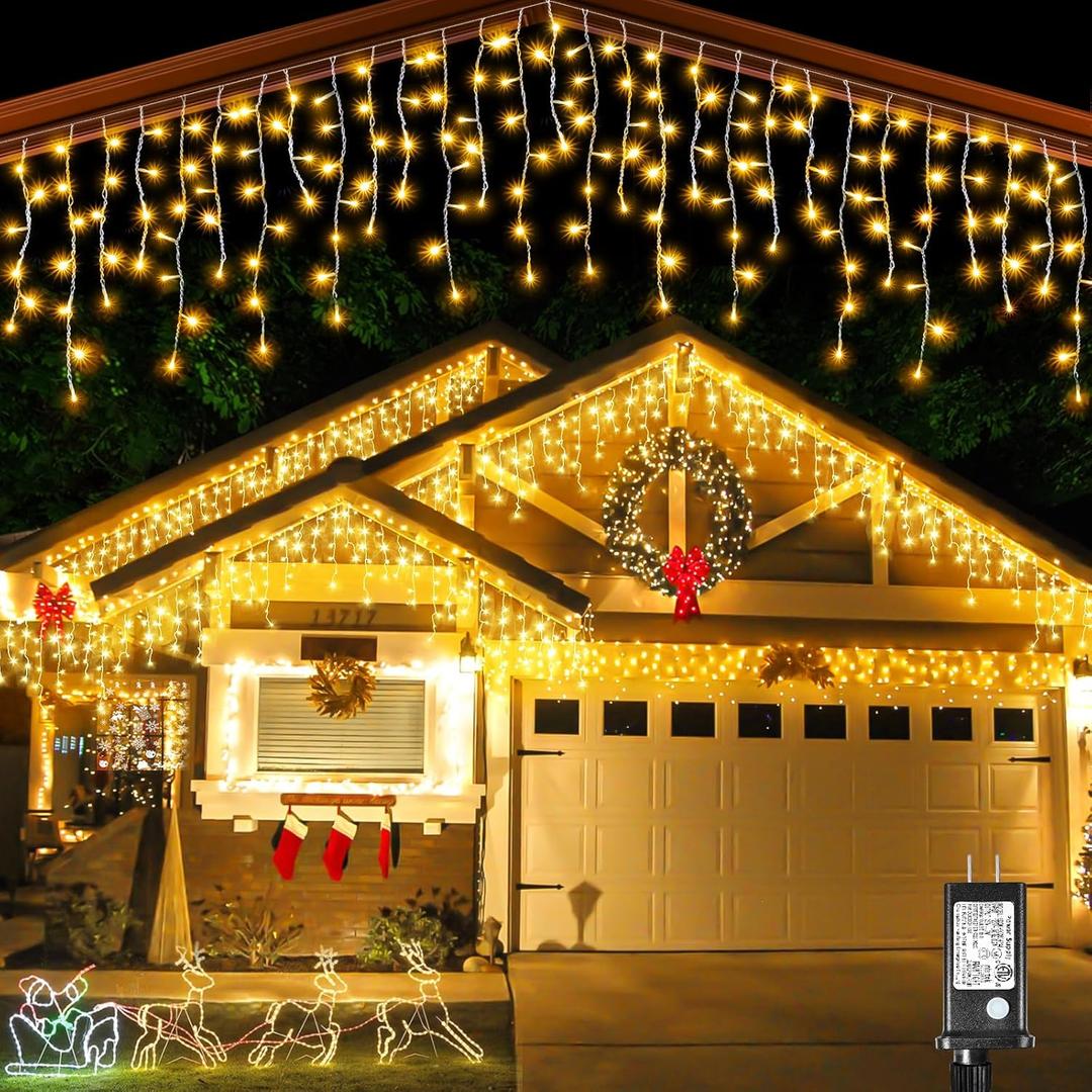 Icicle Christmas Lights Outdoor, 132ft 1280 LED Icicle Lights for Outside, Plug in Twinkle Lights Indoor with 8 Modes Timer Waterproof for House Holiday Decor Wedding Christmas Decorations, Warm White
