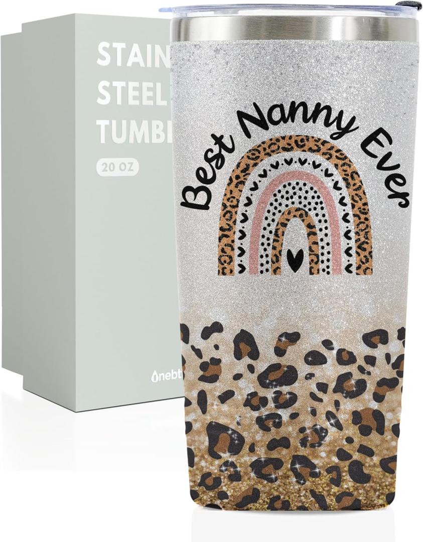 Onebttl Nanny Gifts from Granddaughter, Grandson, Insulated Stainless Steel Wine Tumbler with Lid and Straw, for Grandma on Mother's Day, Birthday, Christmas, Best Nanny Ever, Glitter Silver, 20 oz