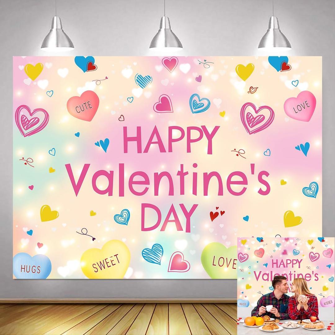 7x5ft Valentines Backdrop Kisses Hugs Love Conversation Hearts Photo Background for Valentines Party Decoration Pink Heart Sweethearts Candy Valentine's Day Family Party Banner