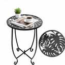 Outdoor Side Table 15 Inch Tall, Tool-Free Metal Patio End Table with Monstera Design, Space Saving Round Stand for Porch Balcony Garden (Monstera)