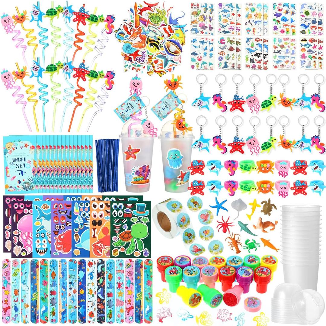 Poen 172 Pcs Under the Sea Party Favors Set Include Cup Straw Stamp Clap Bracelet Keychain Ring Puzzle Sticker Animal Miniature Card for Birthday Party Baby Shower Goody Bag Stuffer