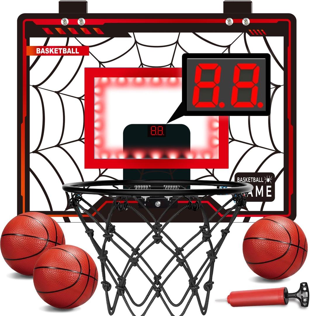 Toys for Ages 8-13, Basketball Hoop Indoor, Mini Basketball Hoop for Boys and Adults with Cool LED Lights Boys Gifts Basketball Toys Gifts Room Accessories for Teen Boy 8 9 10 11 12 (Medium, BLACK+RED)
