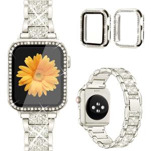 Mesime Compatible for Apple Watch Band with Screen Protector Case, Jewelry Replacement Bands 46mm 45mm 44mm 42mm 41mm 40 mm 38mm 2 Pack Protective Cover for iWatch Series 11/10/9/8/7/6/5/4/3/2/1/SE Women (Star Light)