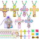 Watersay 36 Sets Easter Necklace Craft Kit Easter DIY Religious Cross Craft Kit Christian He is Risen Sticker and Beads Religious Gift Christian Decor for Sunday School Activities Church Art Project