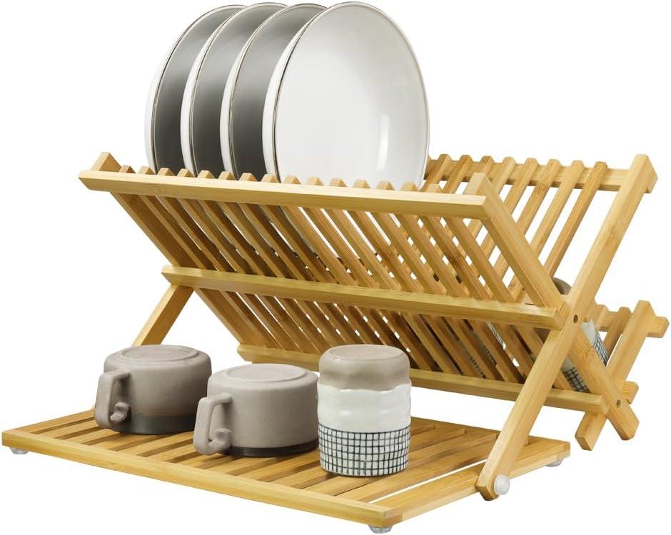KKTONER Bamboo Dish Drying Rack with Utensil Holder 3 Tier Collapsible Drainer Rack with Dish Drying Mat for Kitchen Counter (Natural)