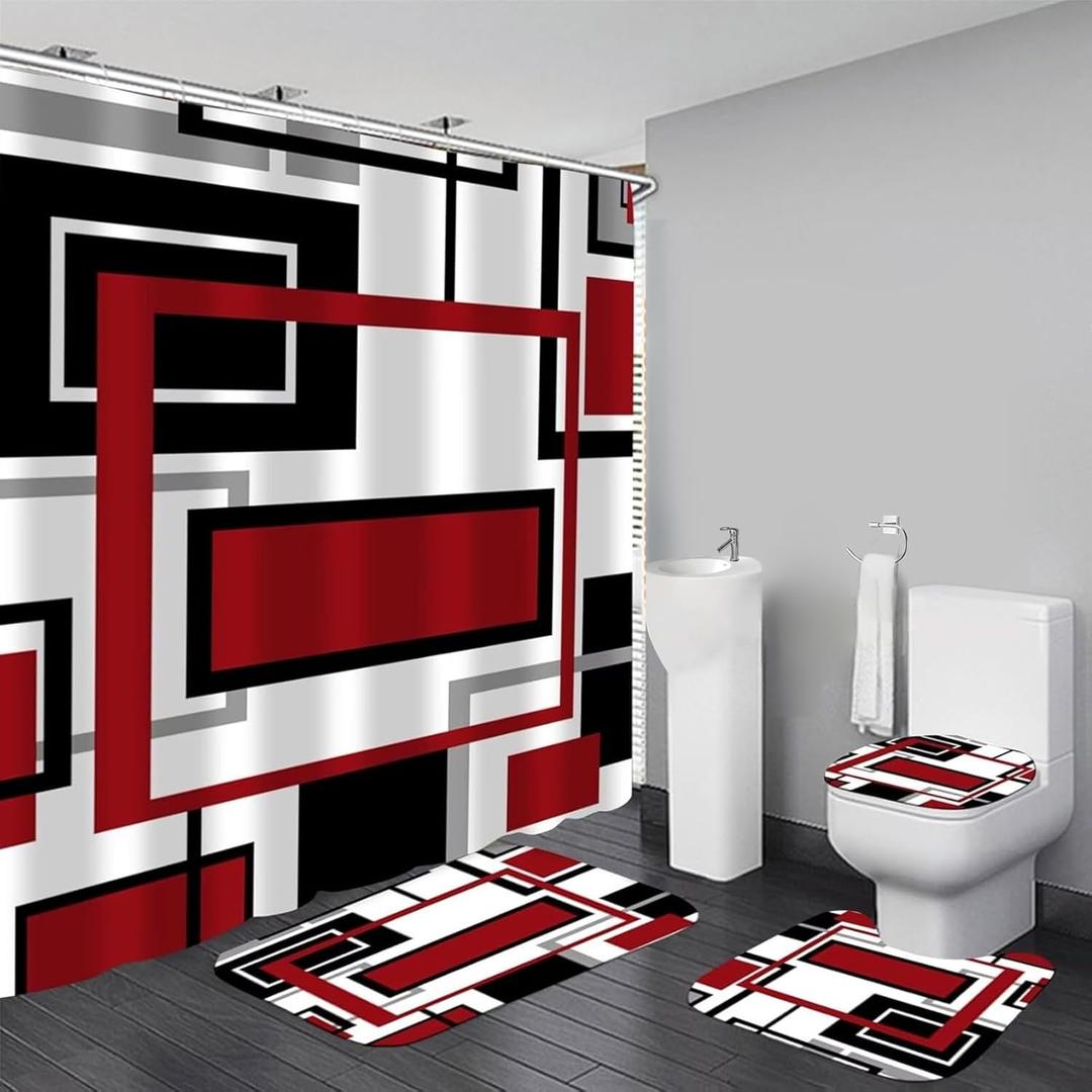 4 Pcs Red Geometric Shower Curtain Sets with Rugs Red Bathroom Sets with Shower Curtain and Rugs Modern Bathroom Curtains Shower Set with Toilet Lid Cover for Bathroom Decor Accessories