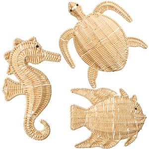 3 Pcs Handmade Wicker Beach Wall Decor Coastal Wall Decor Sea Turtle Fish Seahorse Walls Art Summer Nautical Sculpture Scandinavian Sea Hanging Decors for Boho Bathroom Indoor Outdoor Ornament
