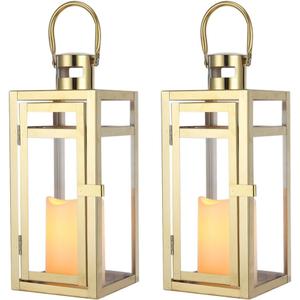 TRIROCKS Set of 2 Stainless Steel Decorative Lantern 12'' High Metal Candle Holder Outdoor Candle Lantern with Tempered Panels for Home Decor Living Room Parties Events Tabletop Indoor Outdoor (Gold)