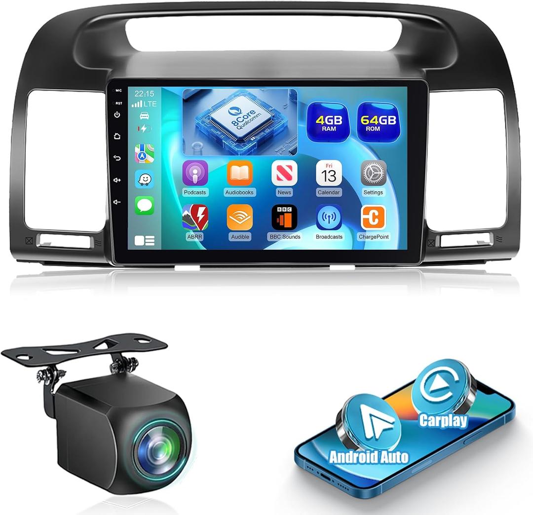 Qualcomm 8 Core 4+64G Radio for Toyota Camry 2000 2001 2002 2003 2004 2005 2006, Android Camry Car Stereo -Carplay/Android Auto/Bluetooth 5.1/SWC/FM RDS/9 inches Touch Screen