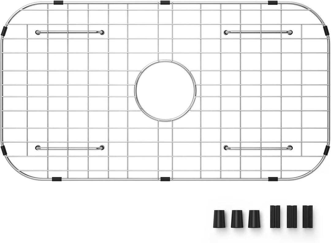 Sink Protector Grid 26-1/16" x 14-1/16", Centered Drain with Corner Radius 3-1/2", 304 Stainless Steel Material (Centered Drain) for Single Bowl Kitchen Sink