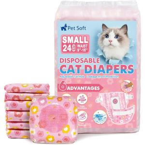 Pet Soft Disposable Cat Diapers - Diaper for Female & Male Cats, Puppy Doggie Diapers for Female Dogs with Adjustable Foam Tail Hole, Small (24Pcs, PK Flowers)
