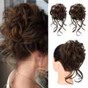 HOOJIH Messy Bun Hair Piece, 2PCS Tousled Updo with Tendrils Hair Bun Extensions Wavy Curly Hair Wrap Ponytail Hairpieces Hair Scrunchies for Women HB010 Dasiy - Warm Brown with little black mixed
