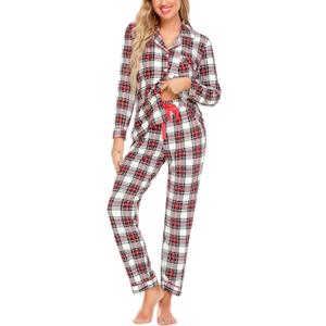 Senert Pajamas Set For Women Long Sleeve Sleepwear with Pockets Soft Button Down Shirt Long Pants Pj Lounge Sets (Red White, Small)