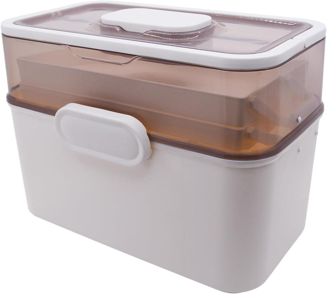 AnRui 3-Tier Medicine Storage Box, Emergencies First Aid Kit Container, Portable Plastic Medicine Storage Organizer Holder Multipurpose Box with Handle for Home, Travel, Camping, School (Beige Brown)