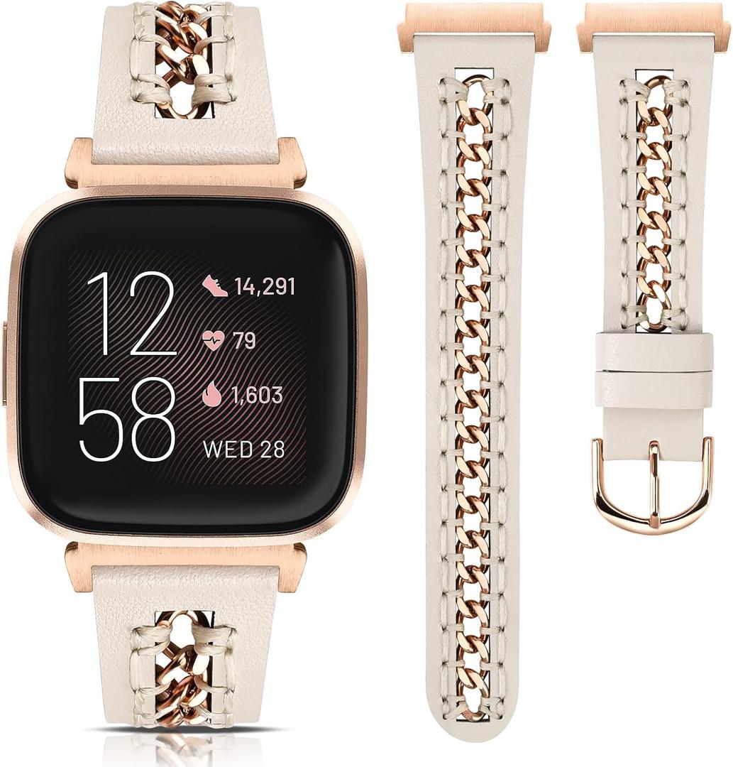 Minyee Leather Band Compatible with Fitbit Versa 2/Fitbit Versa/Versa Lite Bands Women, Dressy Premium Leather Designer Strap with Stainless Steel Metal Chain for Versa 2 Smartwatch Accessories (Starlight/Rose Gold)