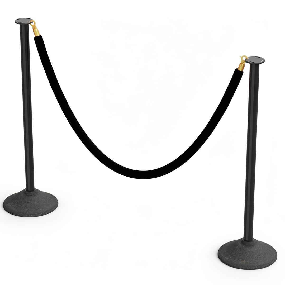 RoadHero Stanchions Post with Velvet Ropes, Plastic Crowd Control Barriers with Weighted Base for Party, Movie Theater and Queue Management, Black, 2 Pack