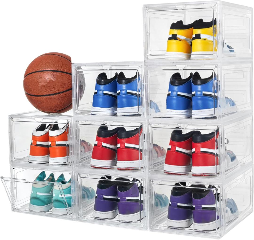 Attelite X-Large Clear Plastic Shoe Boxes - Stackable Shoe Organizer with Magnetic Door (9 Pack, Clear White)