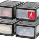 IRIS USA 6 Qt. Small Plastic Stacking Drawer, Stackable Storage Organizer Unit with Sliding Drawer for Bedroom Kitchen Under Sink Pantry Craft Room Dorm Office, Black, 4-Pack