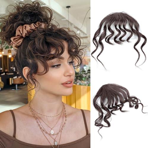 VAVANGA Curly Bangs Human Hair, Air Bangs Clip on Human Hair Clip Ins Long French Bangs Extension, Dark Brown Natural Wavy Fake Fringe Wispy Bang with Temples Hairpiece for Women