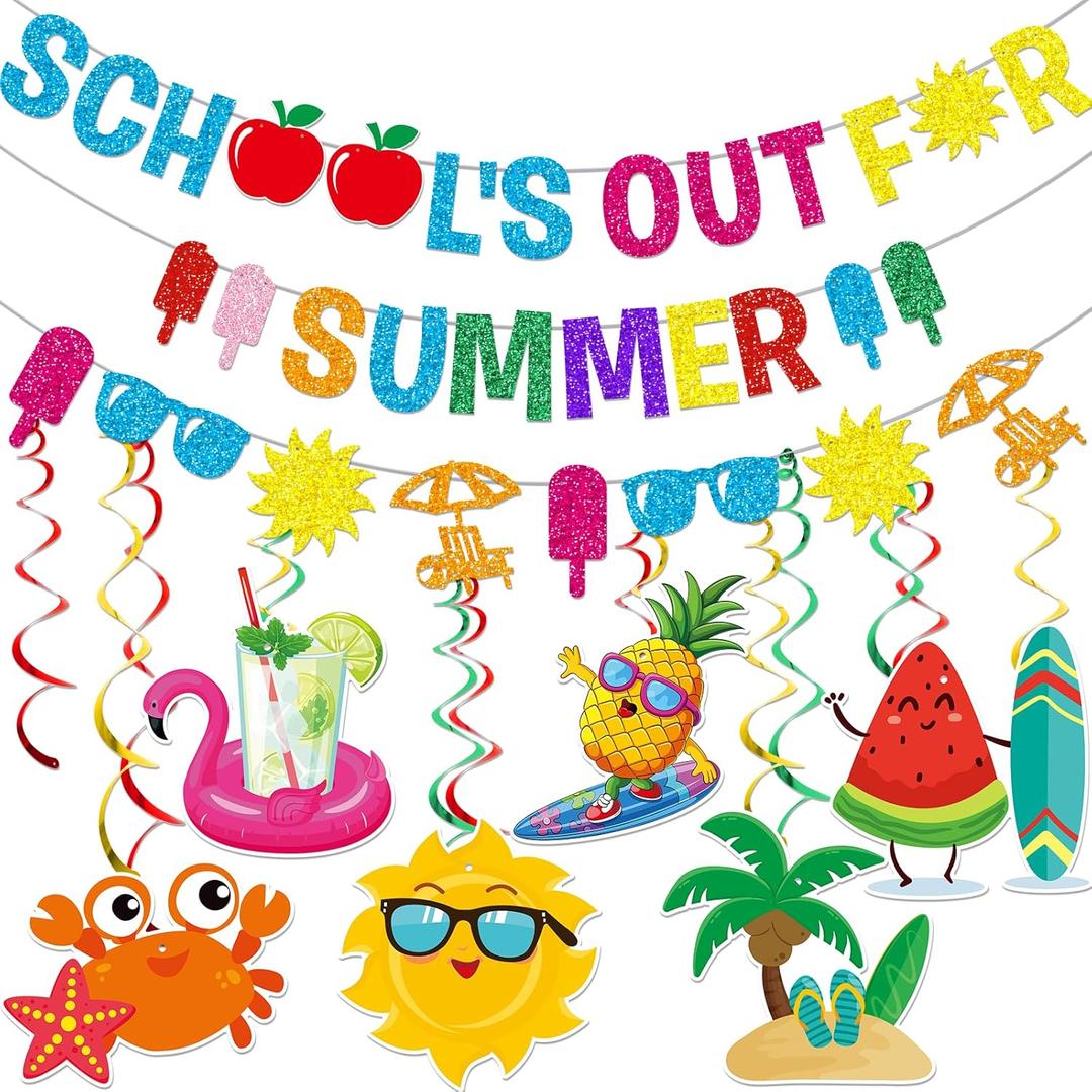 School's Out for Summer Banner - End of School Year Party Decorations - Multicolored, Geometric Pattern - 8 Inches by 9 Inches