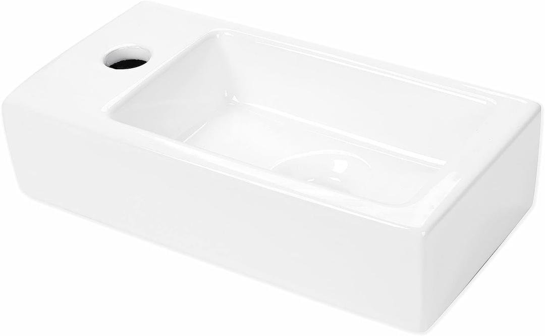 Wall Mount Hang Small Vessel Sink, Ceramic Liberty Wall Mount Sink, Rectangle Bathroom Sink, Classic Look and Save Space, 14.5L" x 7.4"W (Left Hand)