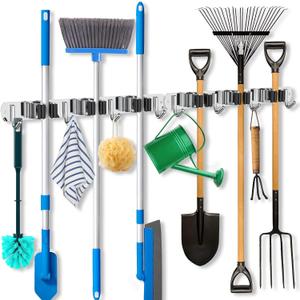 ZONGOOL 2 Pack 3 Racks and 4 Hooks Mop and Broom Holder Wall Mount, Heavy Duty Broom Hanger Organizer Storage Tool Racks Stainless Steel Self Adhesive Wall Hanger for Kitchen Garden Laundry Garage (Silver)