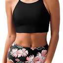 Herseas Women's Black Bikini Sets High Round Neck Tropical Leaf Print High Waisted Two Pieces Swimsuits Crop Padded Top Modest Bottom Bathing Suits Medium