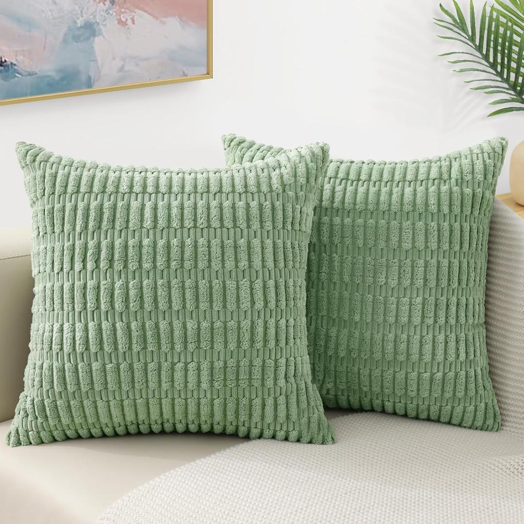 decorUhome Sage Green Neutral Decorative Fall Throw Pillow Covers 18x18 Inch Set of 2, Boho Soft Corduroy Striped Square Pillow Covers Modern Twill Pillow Covers for Couch Bed Sofa Living Room