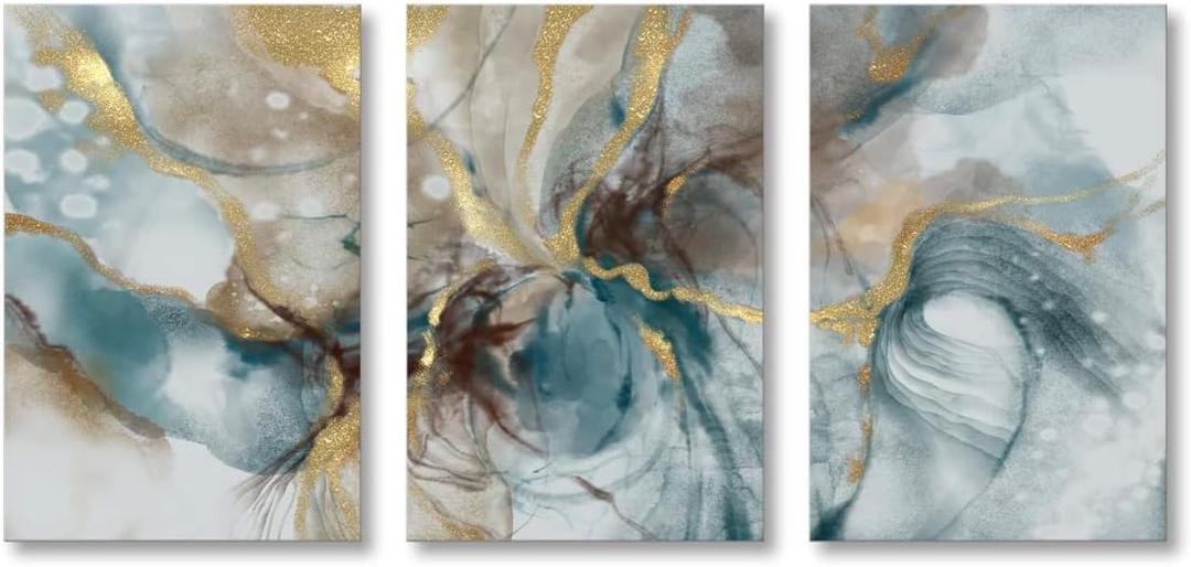 Turquoise and Gold Canvas Print Abstract Wall Art Watercolor Painting Marble Vortex Picture for Living Room Bedroom Kitchen Home Office Decor (48"W x 24"H (16"x24" x3pcs))