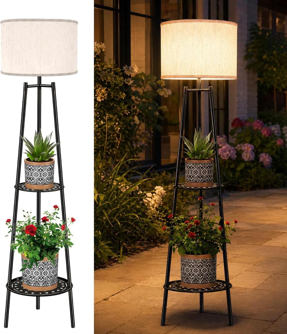 VISFLAIR Outdoor Solar Floor Lamp with 2-Tier Plant Stand, Cordless 46'' Tall Standing Patio Light with White Shade & Edison Bulb, Waterproof Metal Display Shelf for Porch, Deck, Balcony Garden Decor