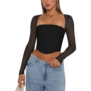 REORIA Women's Sexy Mesh Long Sleeve Boned Corset Top Trendy Y2K Square Neck Going Out Bustier Crop Tops, S