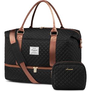 LOVEVOOK Travel Duffle Bag,Weekender Bags for Women with Shoe CompartmentCarry on Overnight Bag with Toiletry Bag,Gym Duffel Bag with Wet Pocket, Hospital Bags for Labor and Delivery (Large-2 Pcs, Black&Brown)