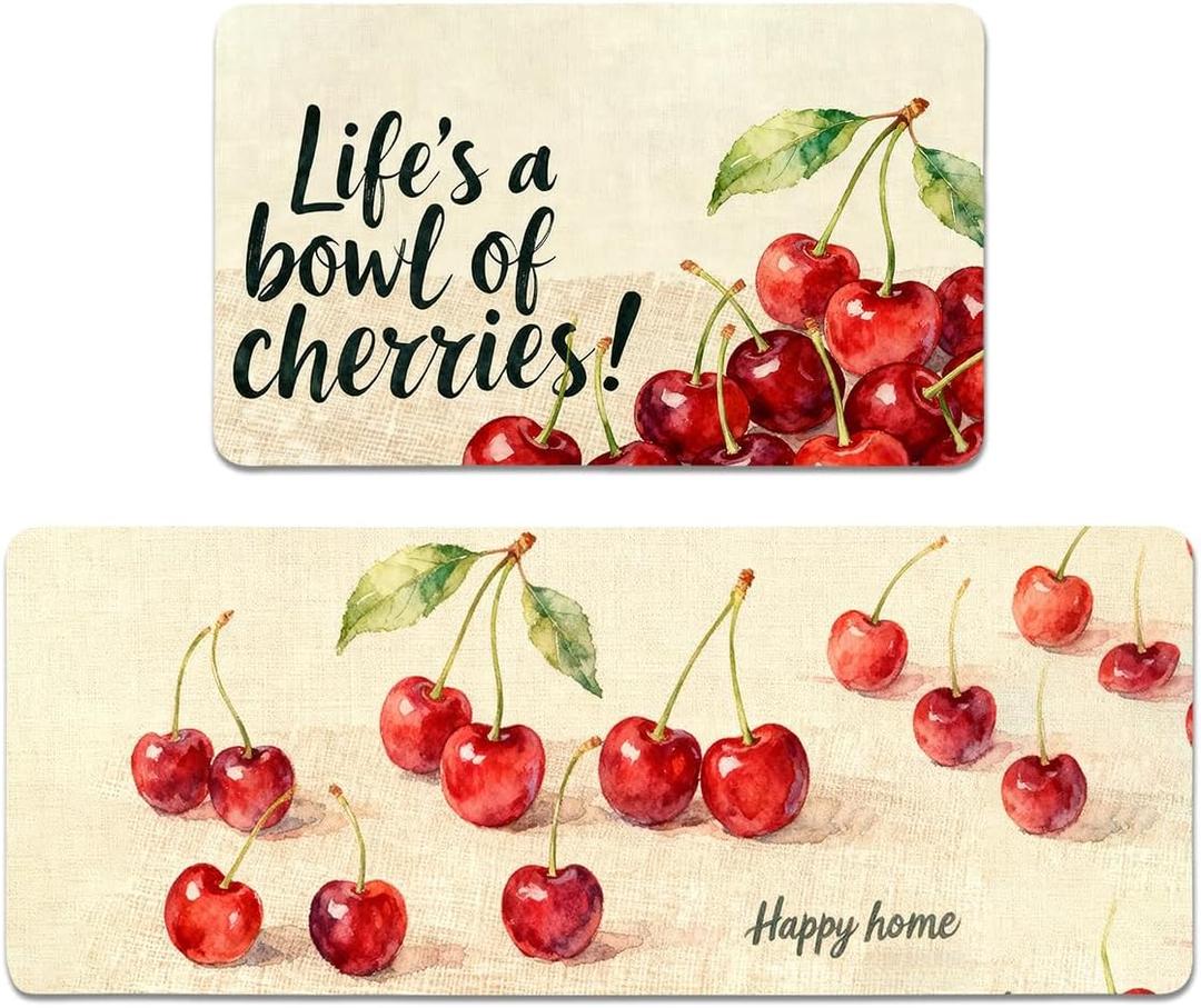 Cherry Kitchen Rugs Set of 2 - Cotton Linen Blend Floor Mats(17.7''x29.5''+17.7''x47'') - Washable Non-Slip Kitchen Mats for Home Office Bedroom Bathroom Laundry