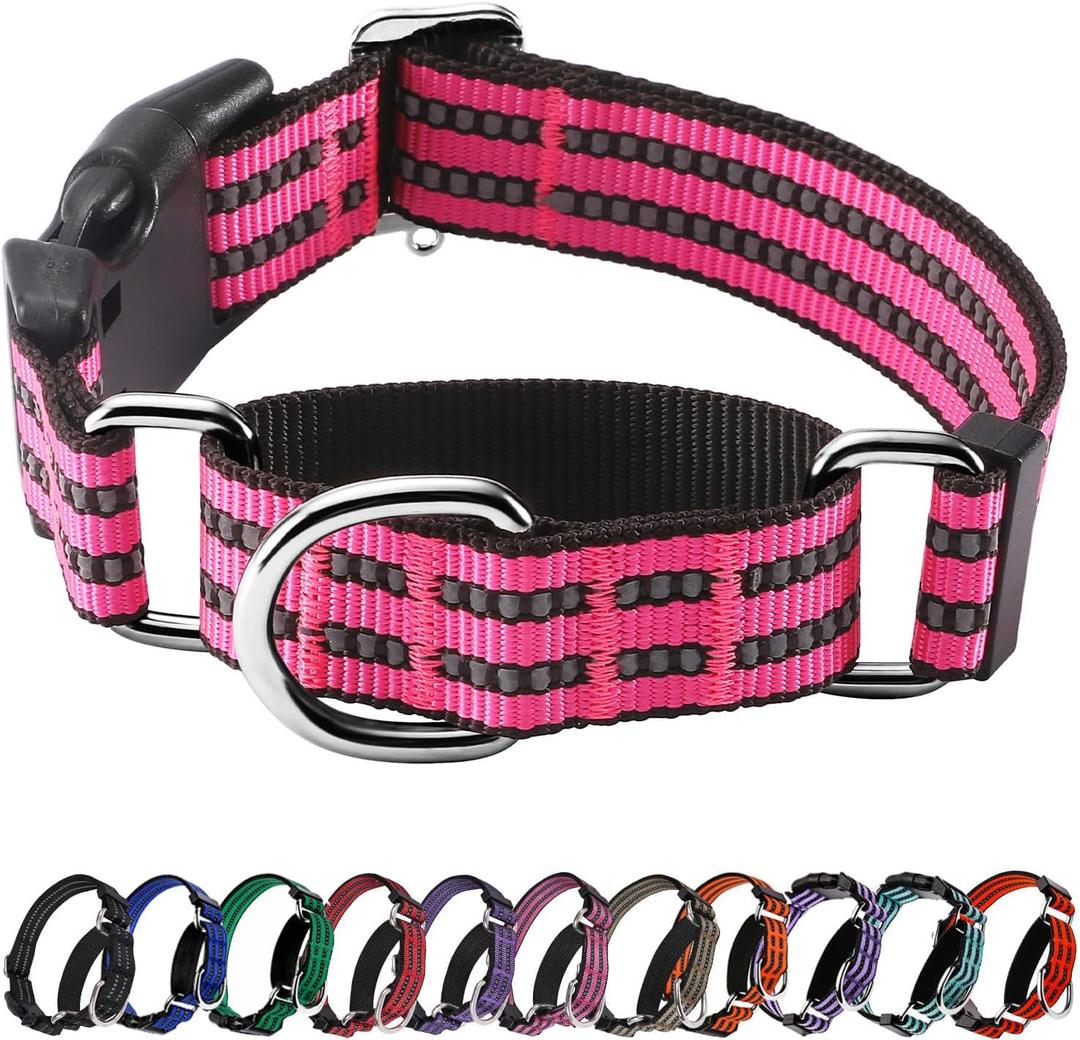 Hikiko Martingale Dog Collars Reflective Nylon Dog Collar with Quick Release Buckle Adjustable Training No Slip Dog Collar (X-Large, Hot Pink)