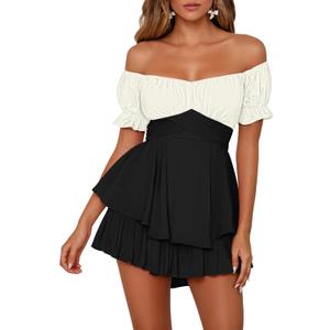 Fixmatti Women's Color Block Romper Off The Shoulder Short Sleeve Ruffle Jumpsuits Playsuit (Large, Black and White)