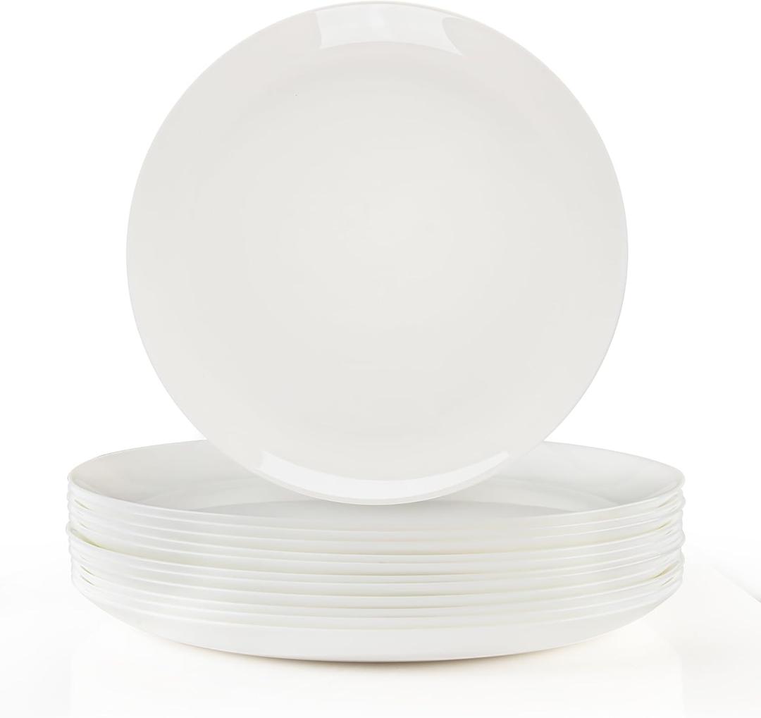 Dinner Plates Set of 12, 10-1/2 inch Glass Salad Plate Set Scratch Resistant, Kitchen White Plates for Serving Dishes, Microwave and Dishwasher Safe