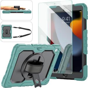 Ambison Case for iPad 9th/8th/7th Generation 10.2'' 2021/2020/2019, [Kid Proof] Full Body Protective Case with 9H Tempered Glass Screen Protector, 360 Rotatable Kickstand & Hand Strap (Teal & Black)
