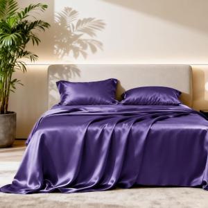 Love's cabin Satin Queen Sheets Set - 4 Piece Purple Silky Bed Sheets Set with Deep Pocket, Luxury Silk Feel Satin Queen Size Sheet Set (1 Flat Sheet,1 Fitted Sheet,2 Pillow Cases)