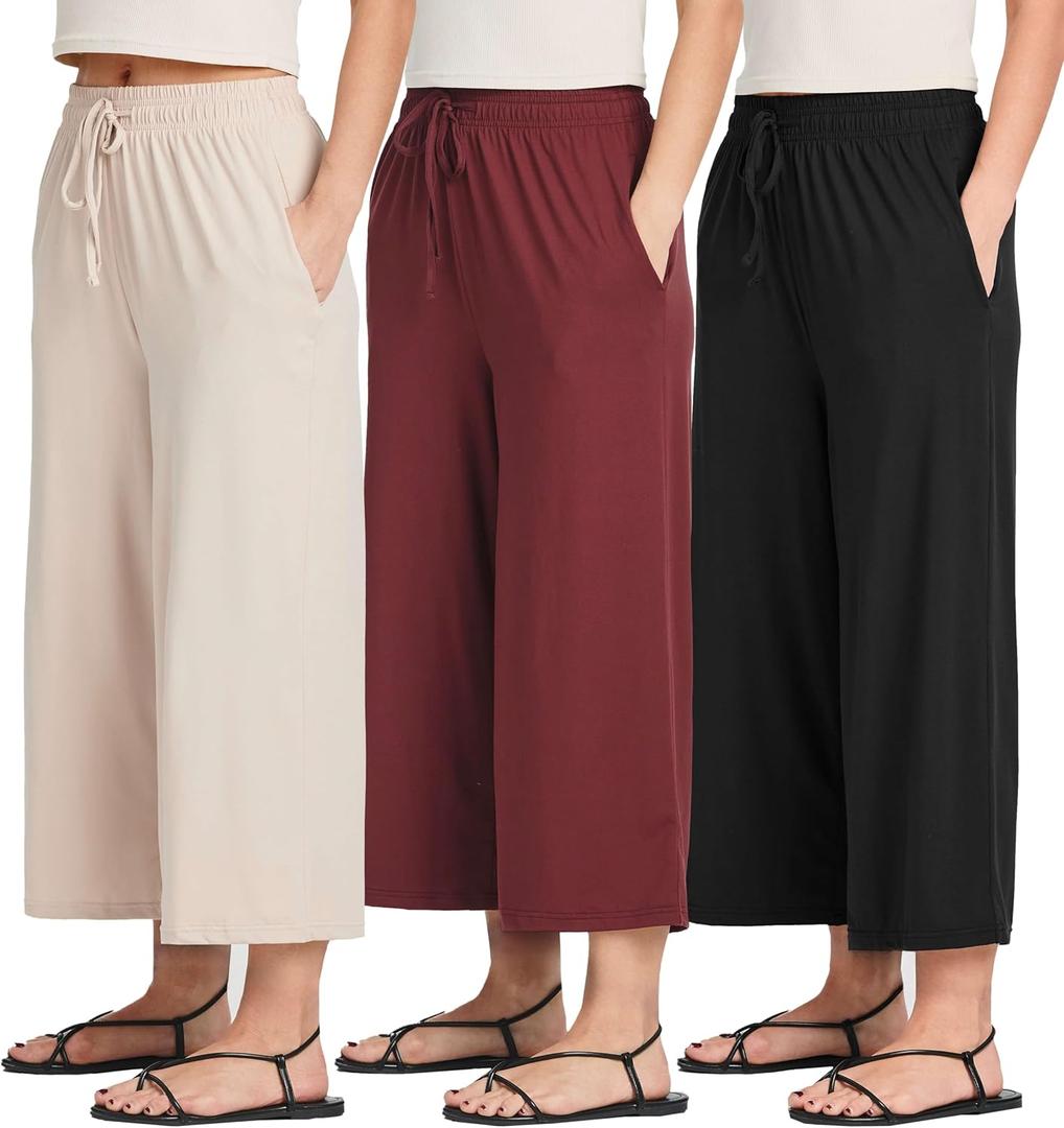 Real Essentials 3 Pack: Women's Ultra-Soft Wide Leg Loose Capri Open Bottom Pants - Yoga Lounge Pockets(Available in Plus) Large Real Essentials 3 Pack: Women's Ultra-Soft Wide Leg Loose Capri Open Bottom Pants - Yoga Lounge Pockets(Available in Plus) Large