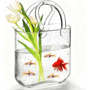 Purse Vase for Flowers, Unique Clear Glass Bag Vases with Handle, Handbag Shape Flower Vase Fish Bowl, Wide Mouth Bubble Vases for Wedding Birthday Centerpieces, Home Garden Decor(Transparent)