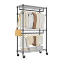 M MZG Heavy Duty Rolling Garment Rack 3 Tiers Adjustable Wire Shelving Clothes Rack with 2 Rods and Side Hooks,Storage Closet Clothing Rack with Wheels Black 15.7" D x 29.5" W x 74.5" H