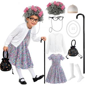 keaiyouhuo Old Lady Costume Kids, 100 Days of School Costume Old Lady Wig for Girls Granny Grandma Dress Up (4-5 Years, Purple)