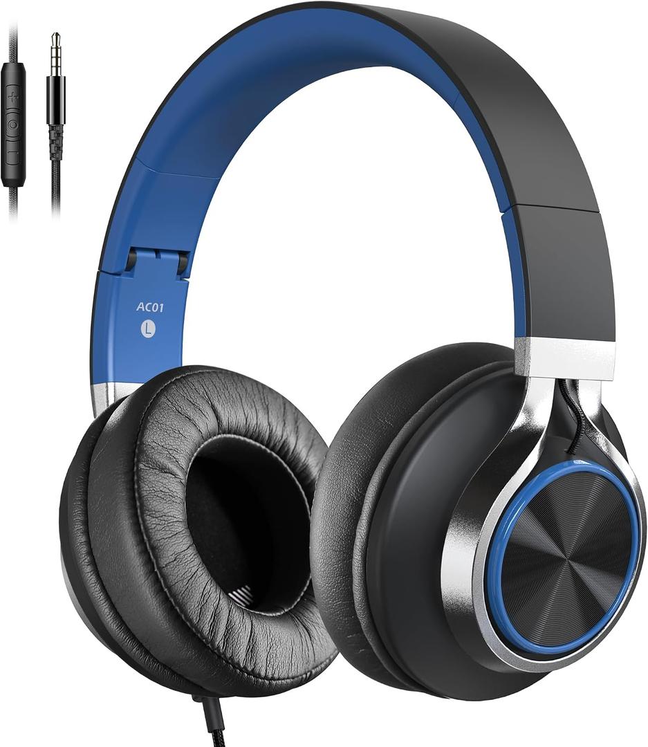 AC01 Over-Ear Headphones Wired, Passive Noise Isolating Corded Stereo Headsets with Mic Volume Control for Adults Teens 3.5mm for Chromebooks, Laptop, Computer, Tablets, Travel (Black Blue)