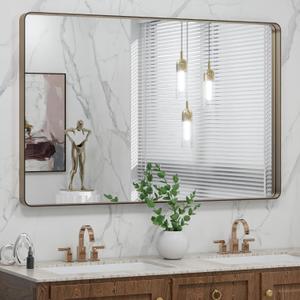 LOAAO 48X30 Bronze Bathroom Mirrors for Vanity, Rounded Rectangle Brushed Bronze Metal Frame Mirror, Anti-Rust, Tempered Glass, Hangs Horizontally or Vertically