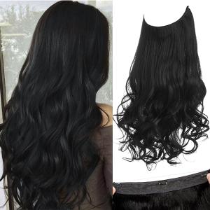 SARLA Invisible Wire Hair Extensions with 3 Clips Long Synthetic Wavy Curly Hairpiece Adjustable Transparent Headband for Women 18 Inch Jet Black