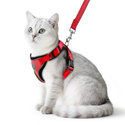 PUPTECK Cat Harness and Leash Set Escape Proof Reflective Cat Walking Harness Adjustable Soft Breathable Mesh Vest for Small Pets, Red, M