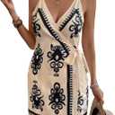 Verdusa Women's Satin Graphic Bow Tie Mini Wrap Dress Backless Spaghetti Strap Dresses (Medium, Multicolor)