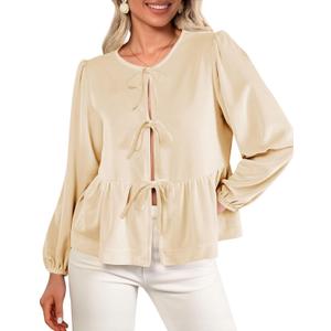 Cicy Bell Womens Cute Tie Front Peplum Velvet Tops Puff Long Sleeve Babydoll Shirts Casual Blouses 2025 Fall Outfits (Medium, Apricot)