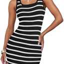 IHOT Women's 2025 Summer Sleeveless Square Neck Bodycon Mini Dress Ribbed Knit Striped Slim Fit Tank Dress M