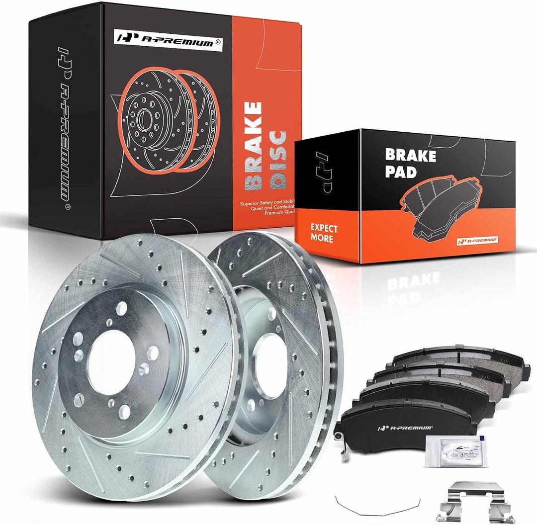 A-Premium 11.66 inch (296mm) Front Drilled and Slotted Disc Brake Rotors + Ceramic Pads Kit Compatible with Select Honda Models - Odyssey 2005 2006 2007 2008 2009 2010, 6-PC Set